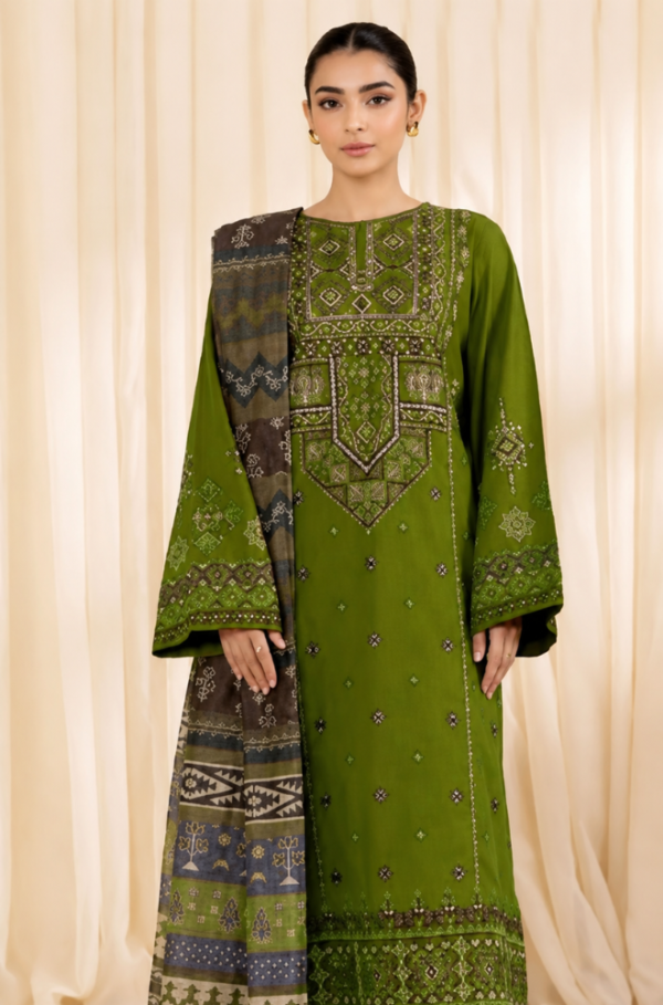 Olive Majesty 3 Piece Luxury Airjet Lawn Embroidered Suit