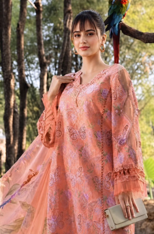 Peach Butterfly Luxury Chicken Kari Emb 3Pc Unstitched Suit