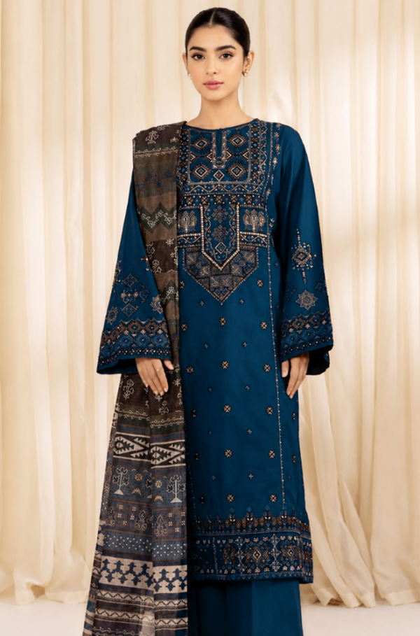 Charcoal Grace 3 Piece Heavy Embroidered Airjet Lawn Suit