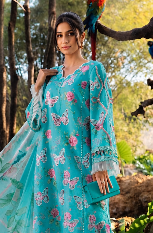 Teal Butterfly 3 Pc Luxury Chiken Kari Embroidered Unstitched Suit