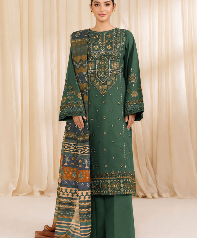 Forest Fern 3 Piece Heavy Embroidered Airjet Lawn Suit