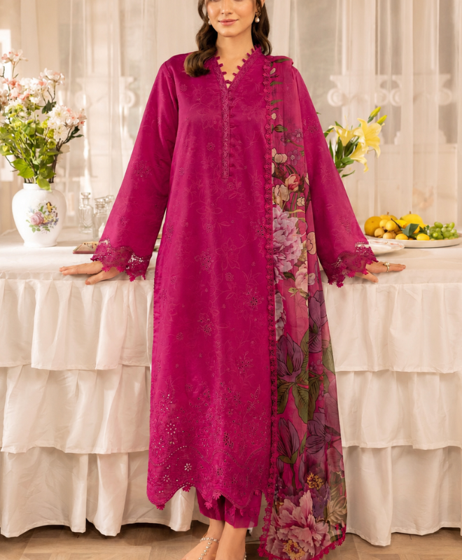 Fuchsia Flora 3 Piece Chickan Kari Airjet Lawn Suit