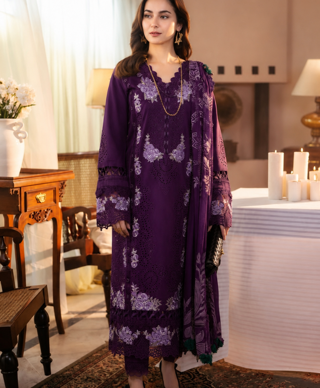 Mauve Mystique 3 Piece Luxury Airjet Lawn Embroidered Suit