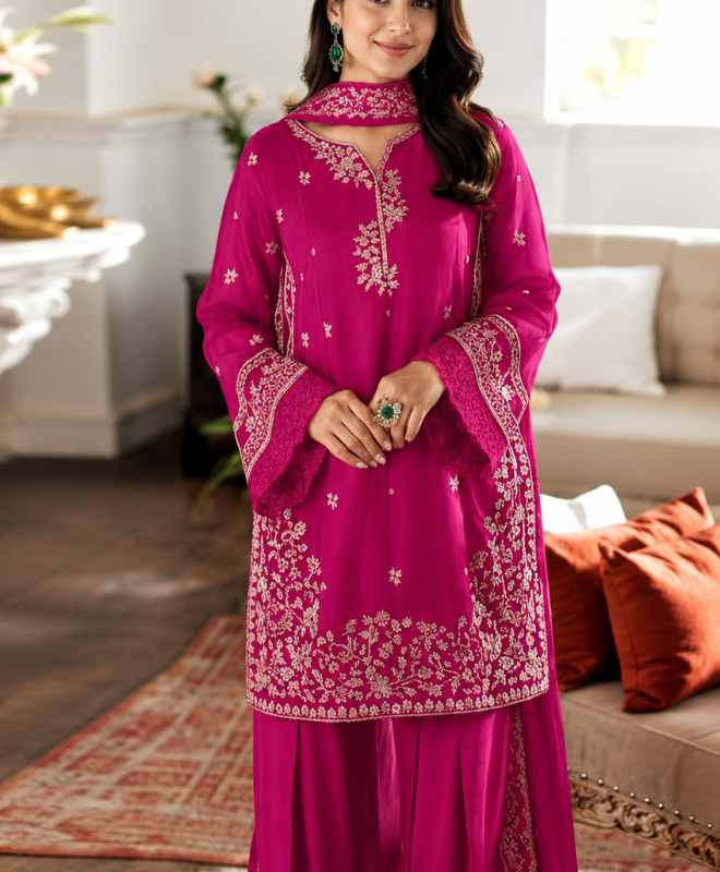 Raspberry Radiance 3 Piece Heavy Embroidered Luxury Lawn Suit