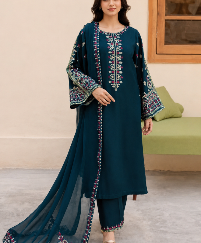 Teal Harmony 3 Piece Premium Airjet Lawn Embroidered Suit