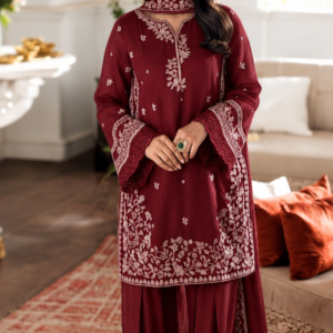 Crimson Heritage 3 Piece Maroon Luxury Embroidered Lawn Suit