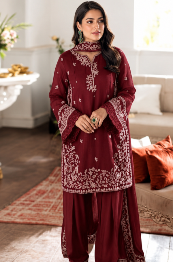 Crimson Heritage 3 Piece Maroon Luxury Embroidered Lawn Suit
