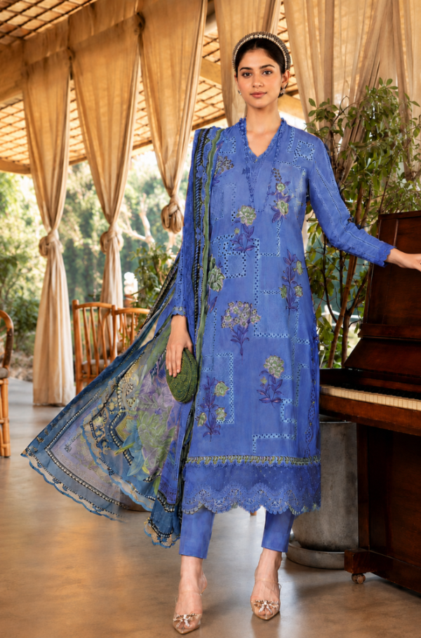 Azure Lattice 3 Piece Luxury Boring Embroidered Airjet Lawn Suit
