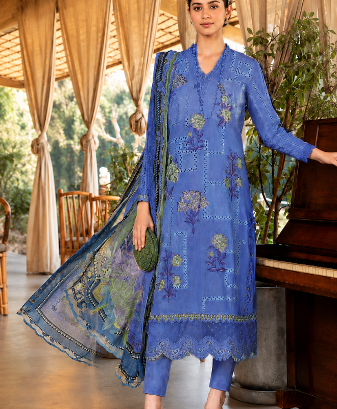 Azure Lattice 3 Piece Luxury Boring Embroidered Airjet Lawn Suit