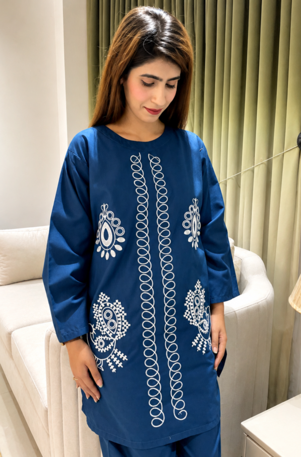 Areez Navy Blue Embroidered Cotton 2 Piece Dress
