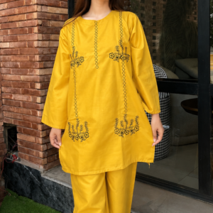 Arezia Mustard Yellow Embroidered Cotton 2 Piece Suite