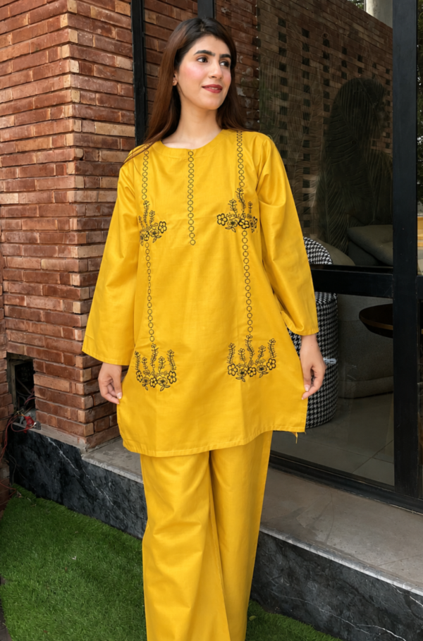 Arezia Mustard Yellow Embroidered Cotton 2 Piece Suite