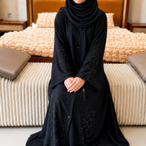 Aveen Black Stone Abaya – Open Gown Style