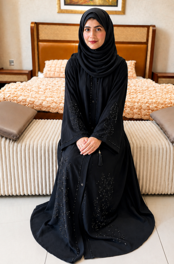 Aveen Black Stone Abaya – Open Gown Style
