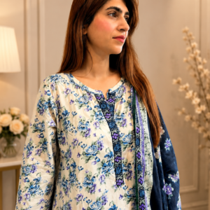 Areeba Azure Blossom Lawn 3 Piece Stitched Suit