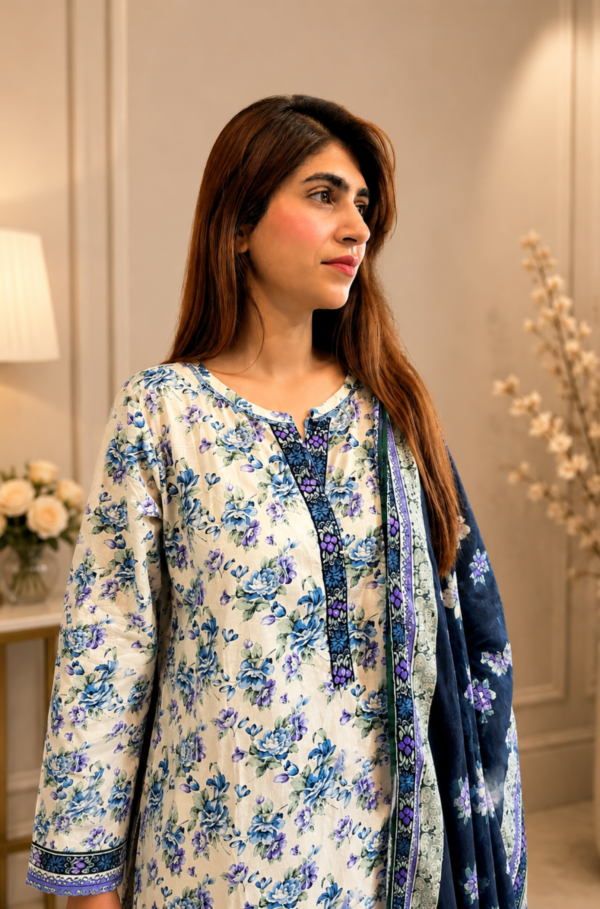 Areeba Azure Blossom Lawn 3 Piece Stitched Suit