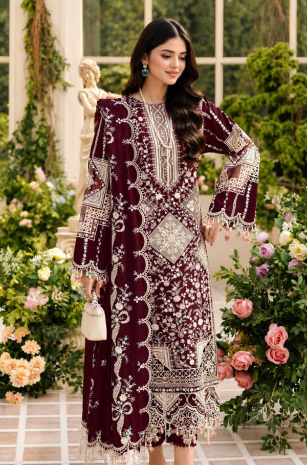 Luxury Maroon Embroidered Lawn 3PC Unstitched Suit