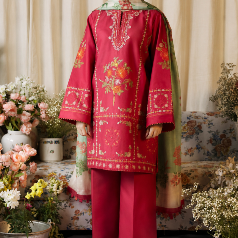 Crimson Bloom Pure Lawn Embroidered 3PC Unstitched Suit
