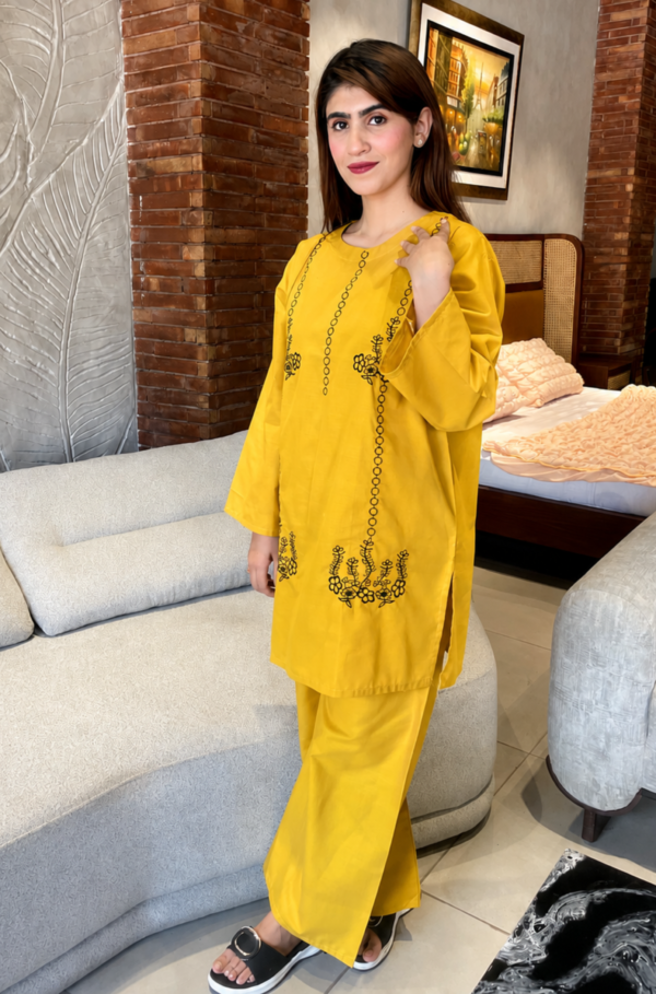 Arezia Mustard Yellow Embroidered Cotton 2 Piece Suite