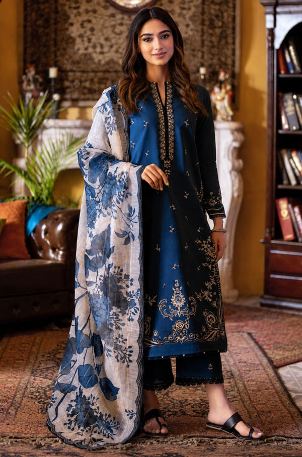 Midnight Blue Pure Lawn 3PC Embroidered Unstitched Suit