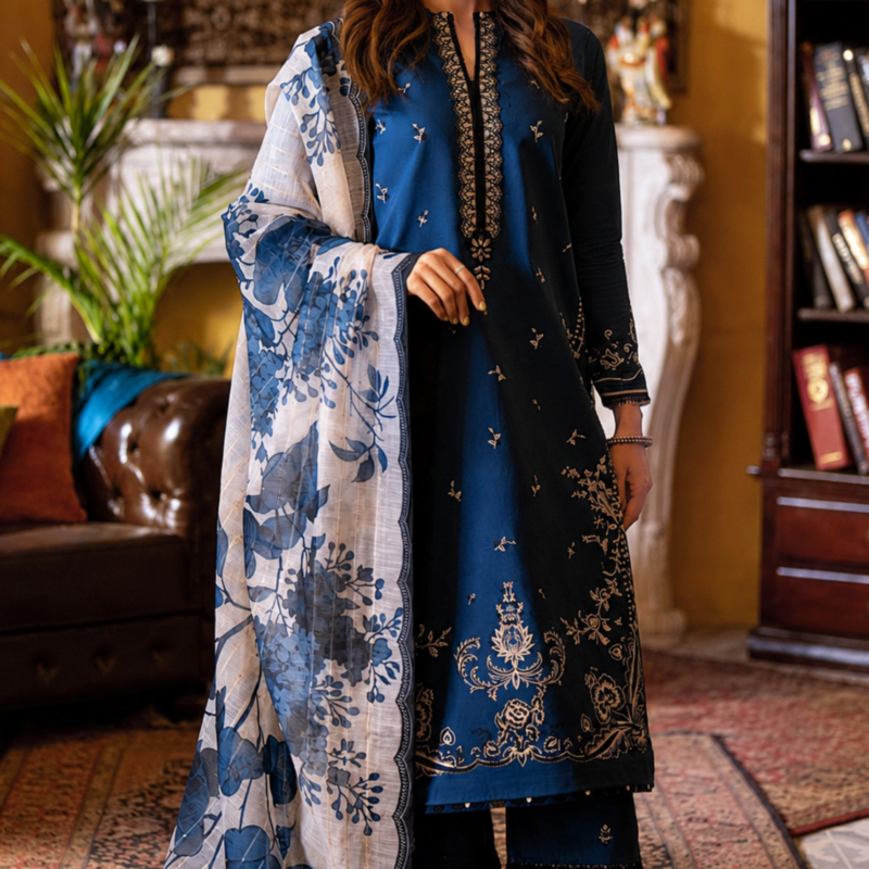 Midnight Blue Pure Lawn 3PC Embroidered Unstitched Suit