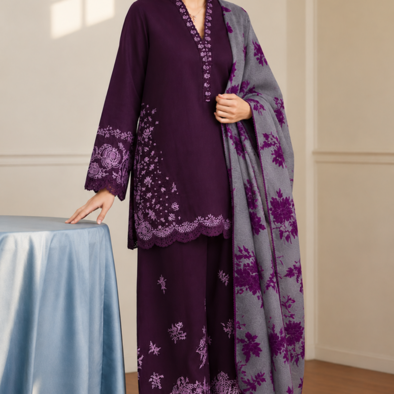 Royal Violet Embroidered Pure Lawn 3PC Unstitched Suit