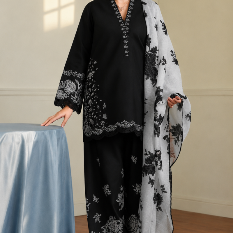 Noir Blossom 3PC Pure Lawn Unstitched Suit