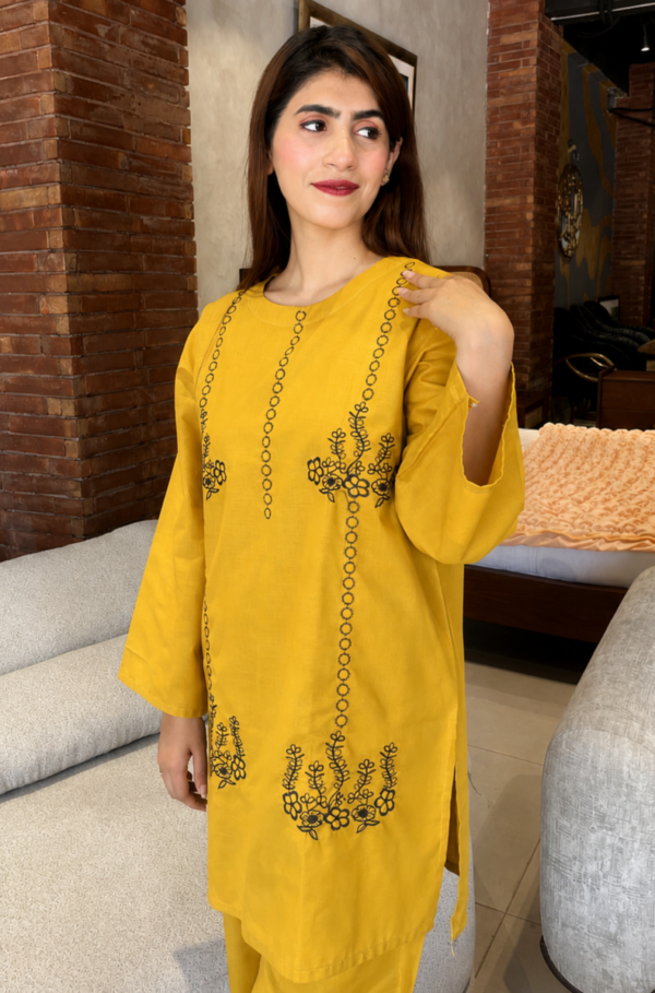 Arezia Mustard Yellow Embroidered Cotton 2 Piece Suite