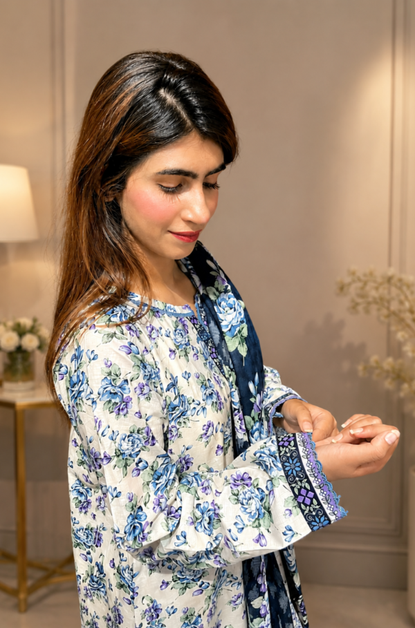 Areeba Azure Blossom Lawn 3 Piece Stitched Suit
