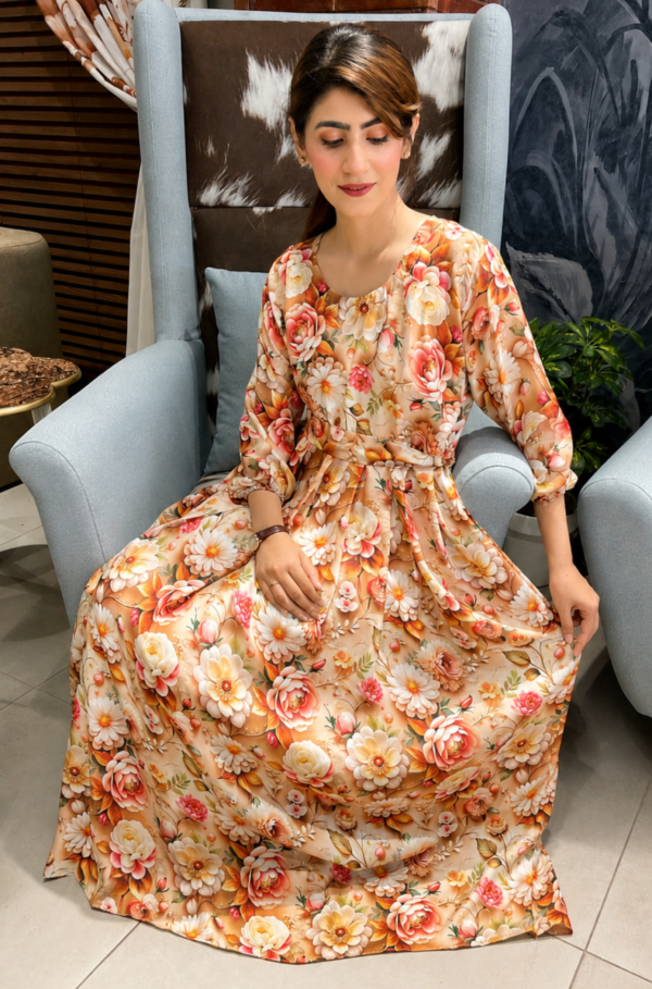 Aafreen Saffoon Floral Maxi Dress – Beige Blossom Elegance