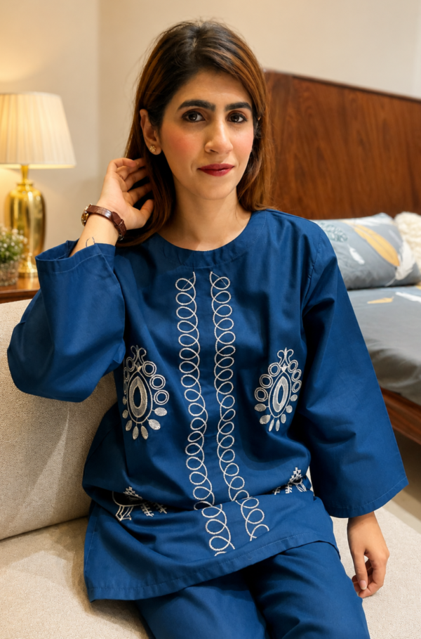 Areez Navy Blue Embroidered Cotton 2 Piece Dress