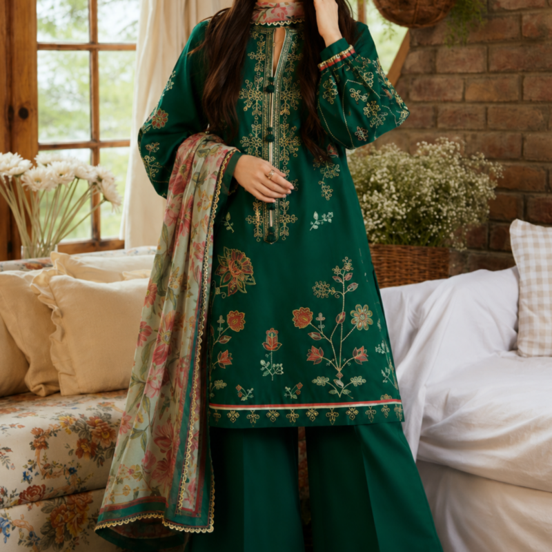 Emerald Bloom 3PC Pure Lawn Unstitched Suit