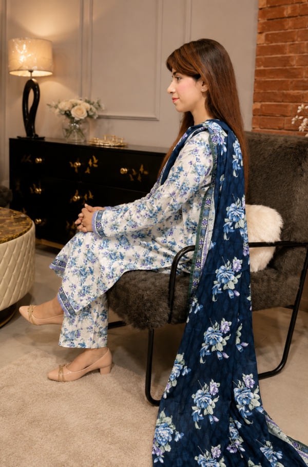 Areeba Azure Blossom Lawn 3 Piece Stitched Suit