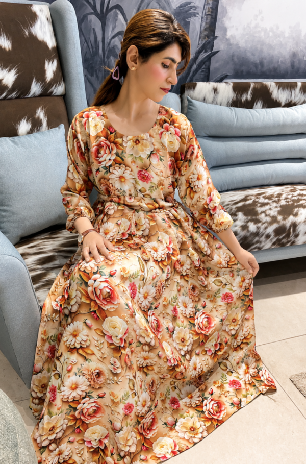 Aafreen Saffoon Floral Maxi Dress – Beige Blossom Elegance