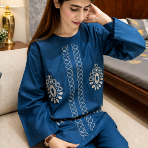 Areez Navy Blue Embroidered Cotton 2 Piece Dress