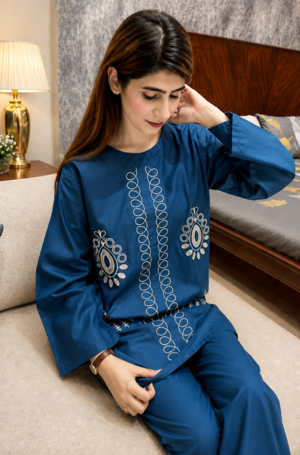 Areez Navy Blue Embroidered Cotton 2 Piece Dress