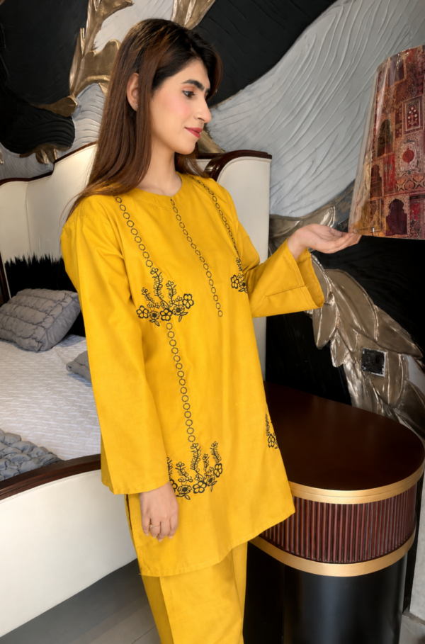 Arezia Mustard Yellow Embroidered Cotton 2 Piece Suite