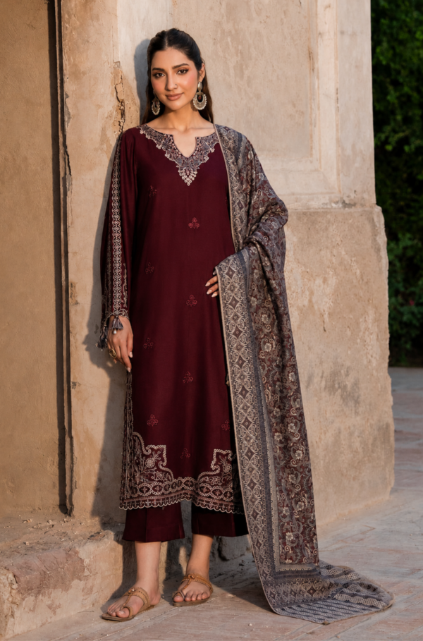 Royal Maroon Embroidered Pure Lawn 3PC Unstitched Suit