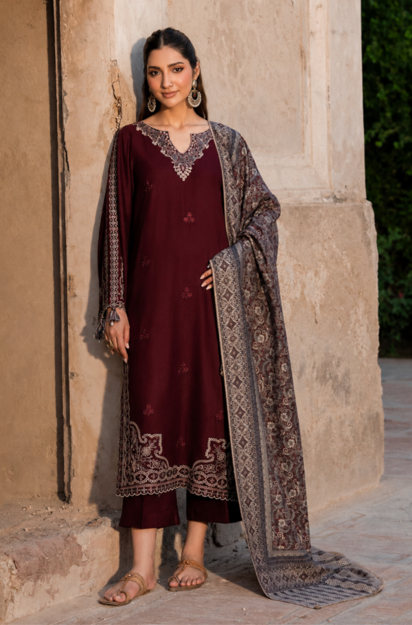 Royal Maroon Embroidered Pure Lawn 3PC Unstitched Suit