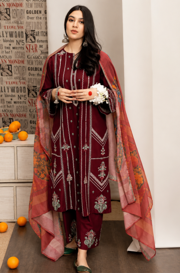 Maroon Pure Lawn 3PC Heavy Embroidered Suit Unstitched