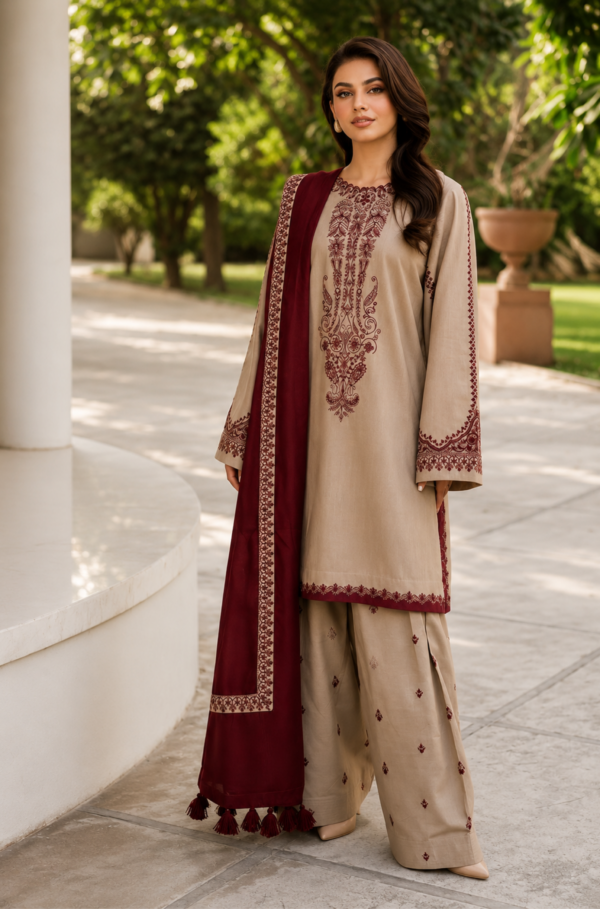 Beige & Maroon Pure Lawn 3PC Heavy Embroidered Suit