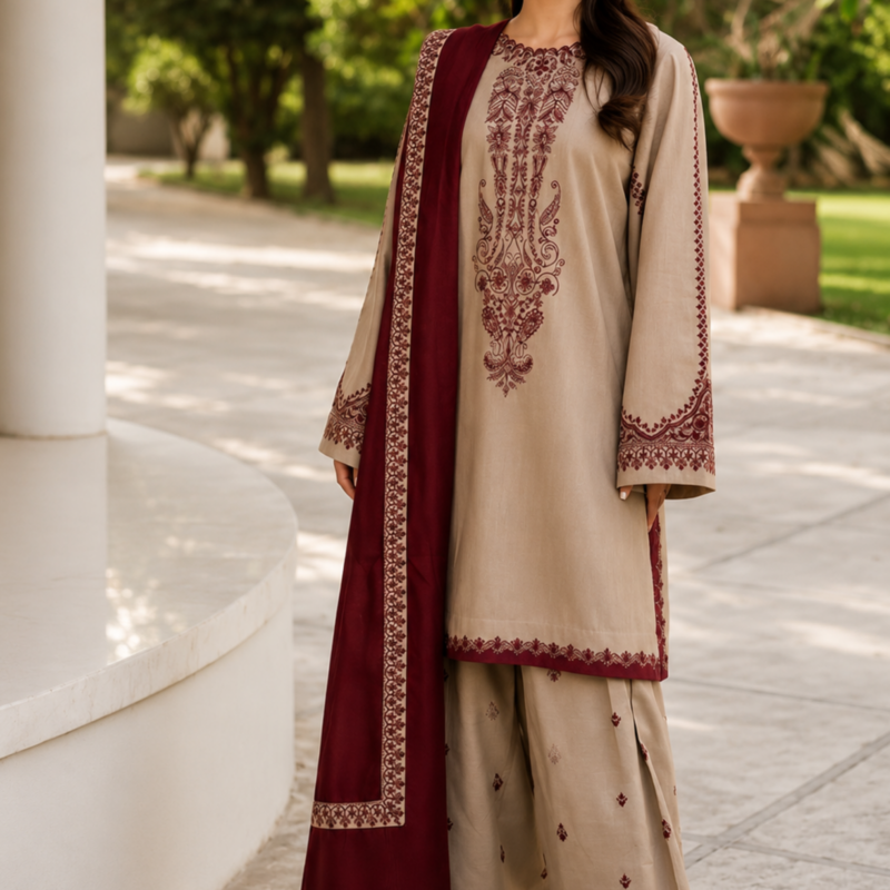 Beige & Maroon Pure Lawn 3PC Heavy Embroidered Suit