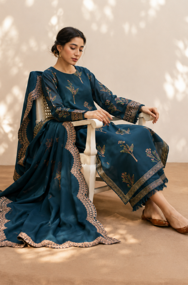 Zarqash Teal Embroidered Lawn 3PC Unstitched Suit