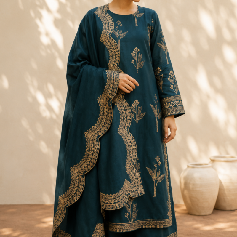 Zarqash Teal Embroidered Lawn 3PC Unstitched Suit