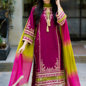 Fuchsia Embroidered Lawn 3PC Suit with Ombre Chiffon Dupatta
