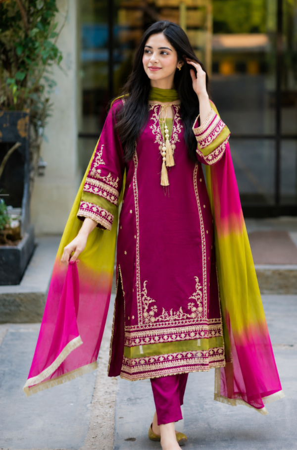 Fuchsia Embroidered Lawn 3PC Suit with Ombre Chiffon Dupatta