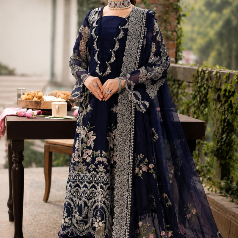 Midnight Navy Embroidered Lawn 3PC Unstitched Suit