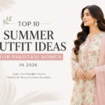 Pakistani woman wearing a stylish floral lawn suit showcasing summer outfit ideas for women in Pakistan 2026.