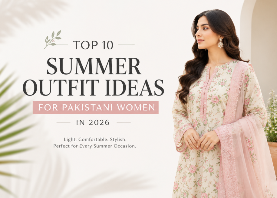 Pakistani woman wearing a stylish floral lawn suit showcasing summer outfit ideas for women in Pakistan 2026.